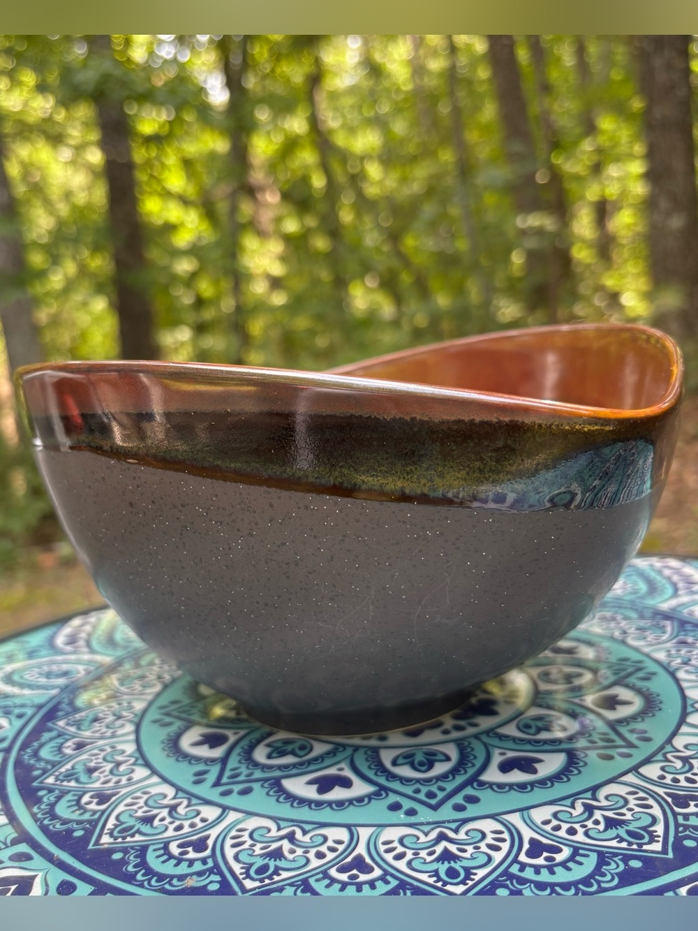 Artisan Studio Pottery Oval Wavy Serving Bowl Glazed Tenmoku Stoneware Mark